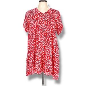 Chances R Short Sleeve V-Neck Tiered Red With White Floral Print Mini Dress